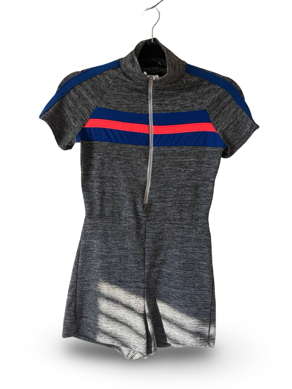 Fashion Nova Women's Sporty Half-Zip Romper in Gray Heather with Blue and Orange